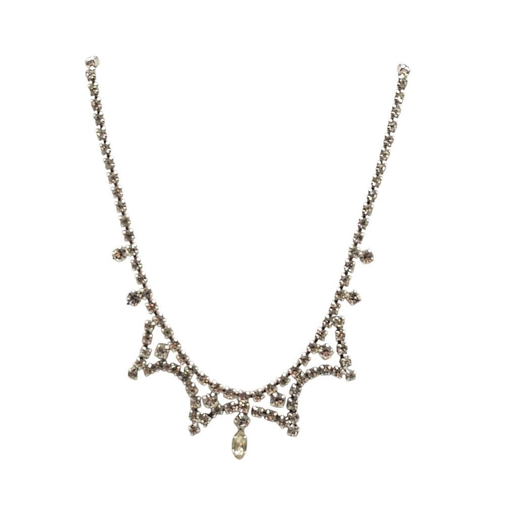 Silver Rhinestone Choker Necklace With Elegant Dangling Teardrop Pendant 15 in